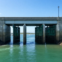 Dock bridge with tidal flaps