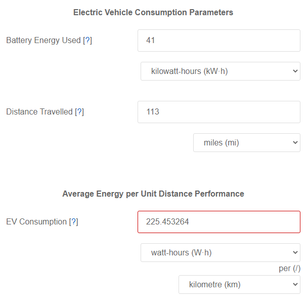Battery Energy Used & Distance Travelled to Vehicle Consumption Calculator