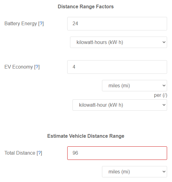 Battery Energy & Electric Vehicle Economy to Distance Range Calculator
