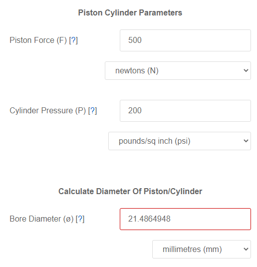 Piston Cylinder Force and Pressure to Diameter Calculator