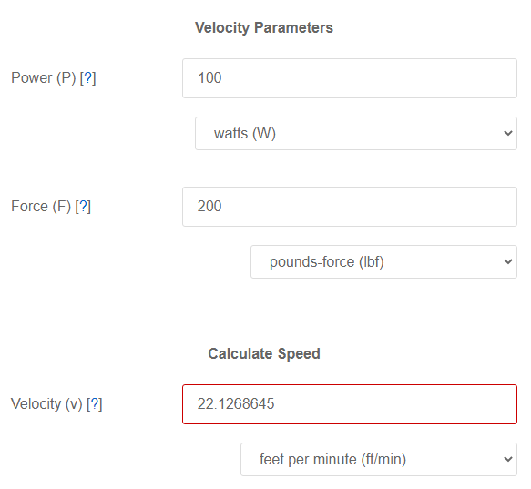 Power & Force to Velocity Calculator