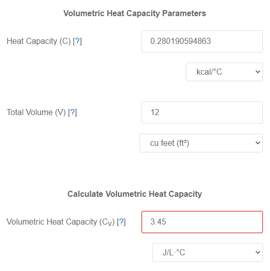 Heat Capacity & Total Volume to Volumetric Heat Capacity Calculator