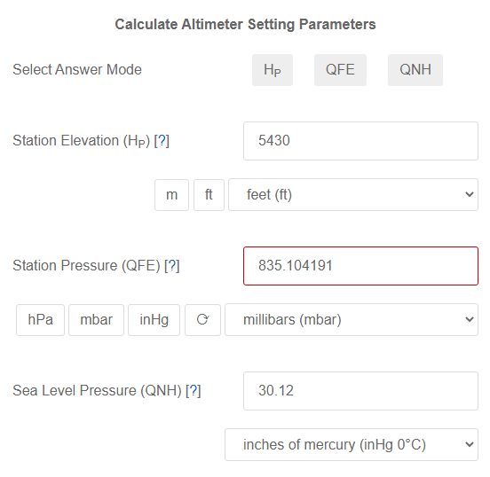 Elevation, Station (QFE) and Sea Level (QNH) Pressure Calculator