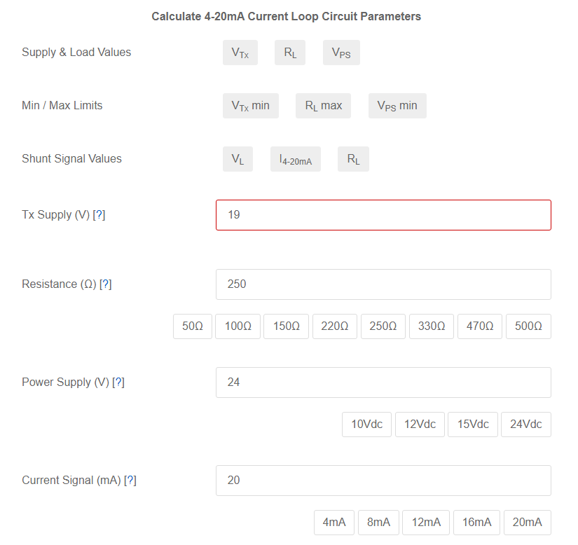 4 to 20 mA Supply, Load, Shunt and Signal Calculator